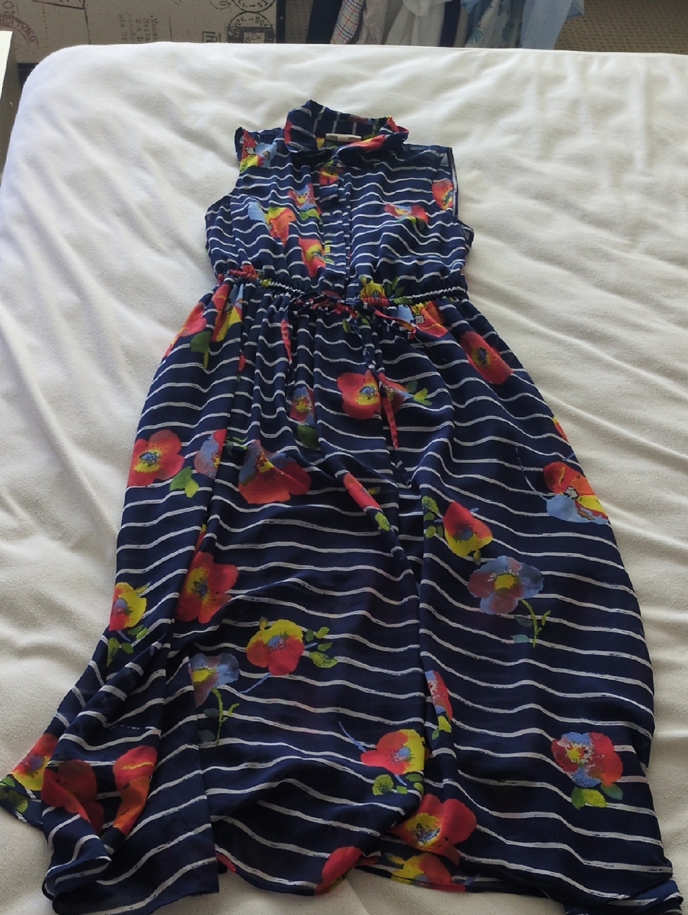 Maison Jules Navy Striped Sleeveless Dress with Red & Yellow Floral Print